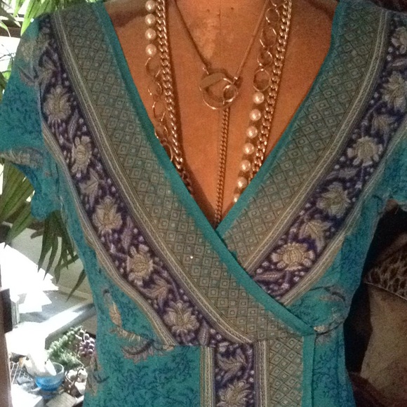 Silk wrap front dress turquoise print - Picture 3 of 5